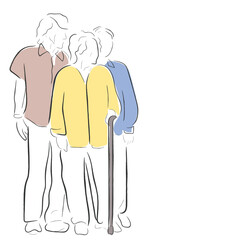 Hand drawn line art vector of Old buddies together. Elderly people in group therapies. Elderly friendship
