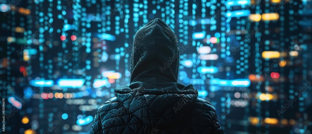 Poster hacker in the cyber realm. concept cybersecurity threats, hacker techniques, data breaches, security