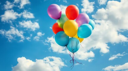 Colorful balloons floating in a bright blue sky with white clouds.