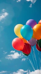 Colorful balloons floating in a blue sky with a white cloud.