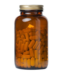 Glass jar of pills medicine health on white background isolation