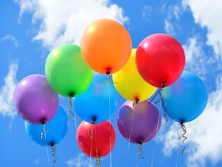 Group of multi-colored balloons floating in the sky.