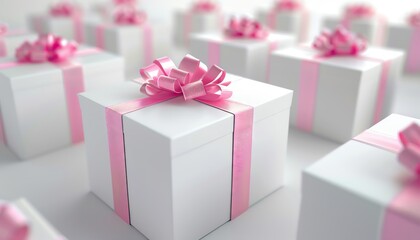 White gift boxes with pink ribbons and bows.