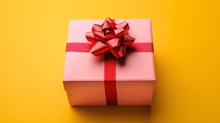 Pink gift box with red ribbon and bow on yellow background.
