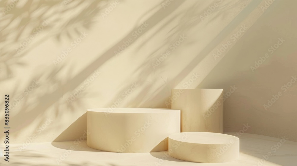 Poster three beige podiums of different heights are positioned in a corner, illuminated by soft natural sun