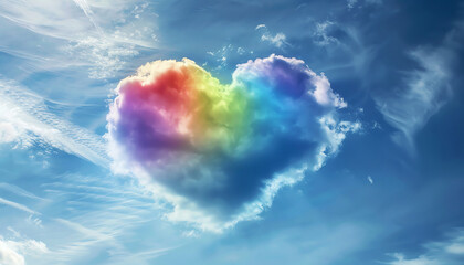 Rainbow heart cloud formation in a blue sky