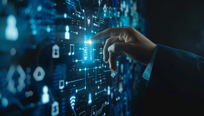Businessman Touching Virtual Button with Digital Network Interface, Concept of Smart Technology by AI generated image