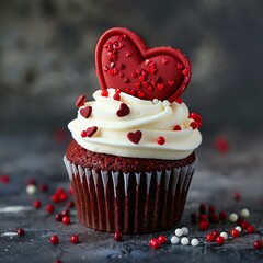 Red velvet cupcake with cream cheese frosting and a heart-shaped topper, perfect for Valentine's Day.