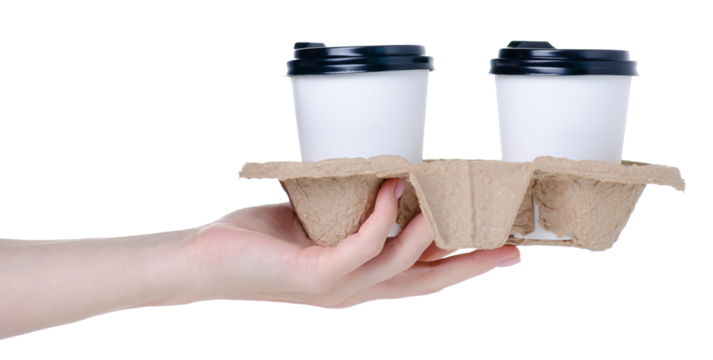 Two cup of coffee take away in hand on white background isolation