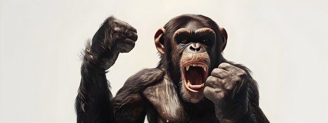 Fototapeta premium Muscular Chimpanzee Fist Pumping in Confrontational Pose on White Background