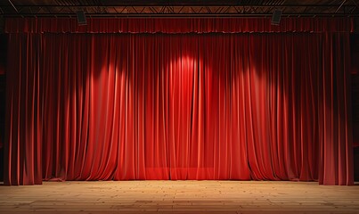 Empty theater stage with red velvet curtains