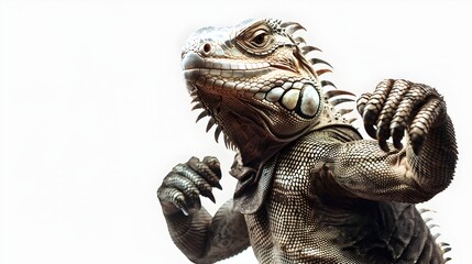 Obraz premium Muscular Iguana Aggressively Punching in Studio Shot