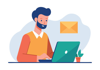 A man is sitting at a desk with a laptop and a green plant