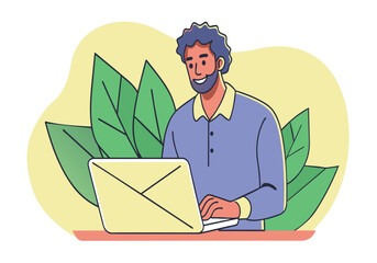 A man is sitting at a desk with a laptop open