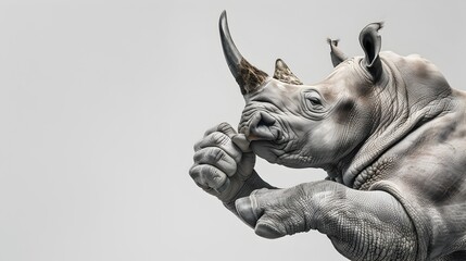 Fototapeta premium Muscular Rhinoceros Aggressive Fist Pump in Minimalist Studio Setting