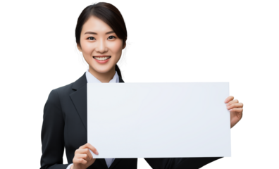 フリップを持った、笑顔のスーツの女性　OL　背景なしPNG