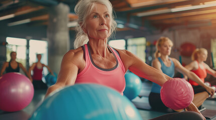 Active senior women doing pilates with soft ball in gym.