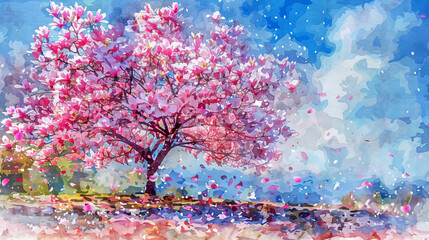 A watercolor painting depicts a magnolia tree in full bloom. The tree is located in a field with a blue sky in the background.