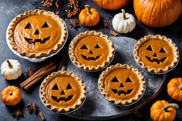 pies showcasing menacing visages skillfully carved into the crust.