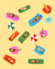 Young people, men and women relaxing on beach, sunbathing on sand. Top view. Sunny chill day. Contemporary art collage. Concept of summer, vacation, relaxation, tourism