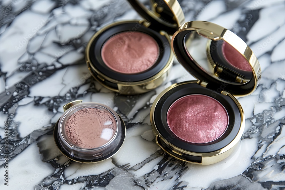 Aufkleber a close-up shot of compact cases filled with powder and blush. the cases are elegant and feature ric