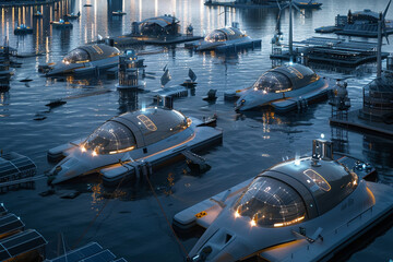 A sprawling, hyper-advanced harbor filled with sleek, luminous watercraft docking autonomously amidst floating solar panels and wind turbines