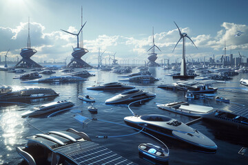 A sprawling, hyper-advanced harbor filled with sleek, luminous watercraft docking autonomously amidst floating solar panels and wind turbines