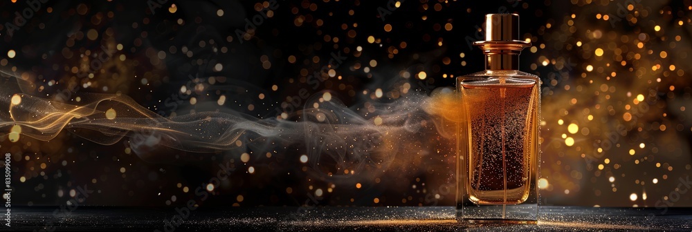 Poster a luxurious perfume bottle with a golden cap on a dark background, surrounded by a delicate mist of 