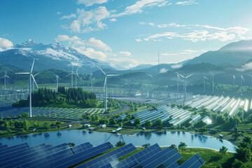 A vast, futuristic energy grid with interconnected solar farms, wind turbines, and advanced power storage systems harmoniously blending with nature