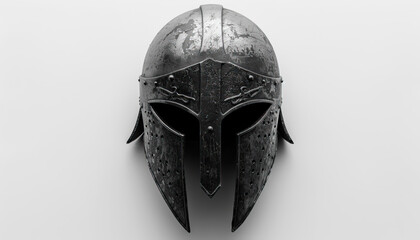 Seljuk warrior helmet illustration, modern graphic design, isolated, copy and text space, close-up, macro, white background, black and white. Template, banner, background, wallpaper, backdrop