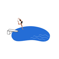 Happy woman in swimsuit jumping into swimming pool on white background. Retro style. Contemporary...