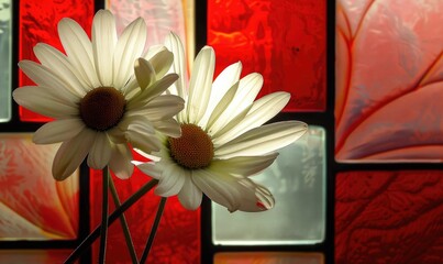 White daisies on abstract glass background closeup