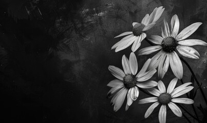 Black and white monochrome photo of daisies closeup