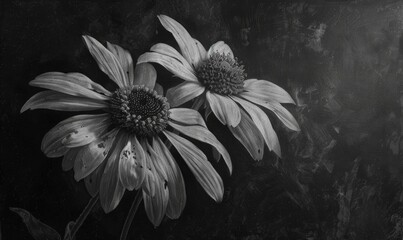 Black and white monochrome photo of daisies closeup