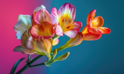 Fototapeta premium Yellow and pink Freesias on multicolored background