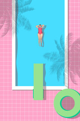 Woman relaxing on swimming pool with palms silhouettes. Minimal design. Contemporary art collage....