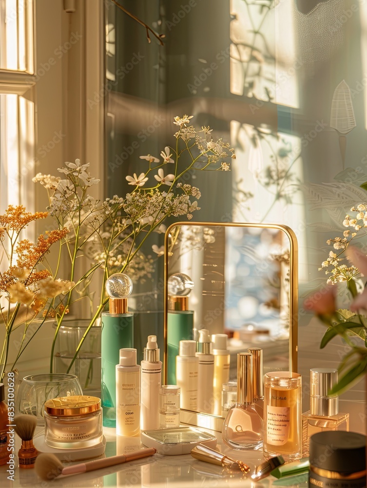 Poster close-up of a table with a mirror surrounded by a variety of cosmetic products. generative ai