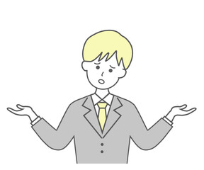 疑問を持ち悩むスーツ姿の男性ビジネスマンと吹き出しのイラスト素材