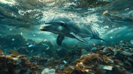 A serene dolphin moves through undersea kelp forest filled with debris, mixing beauty with the blight of pollution