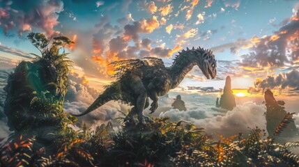 fantasy dinosaurs at sunset