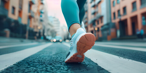 Plano horizontal de los pies de una mujer caucasica corriendo en la calle haciendo ejercicio en una ciudad