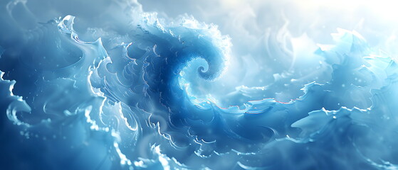 A blue background, glowing with light. a spinning spiral at right, The overall style is futuristic and technological, with an abstract white background and curved lines