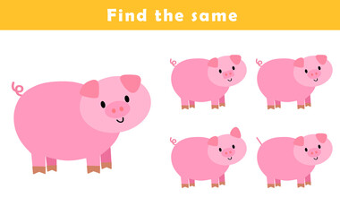 Find same picture worksheet for kids. Worksheet for kids kindergarten, preschool and school age. Education game for children with cute pig illustration.