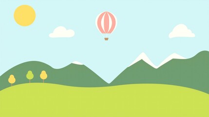 Fototapeta premium Flat cartoon 2D nature with mountains, blue sky, trees and sun with flying red air balloon aerostat copyspace background