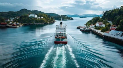 Naklejka premium Scenic Ferry Crossing Transporting Vehicles and Passengers Across Serene Body of Water