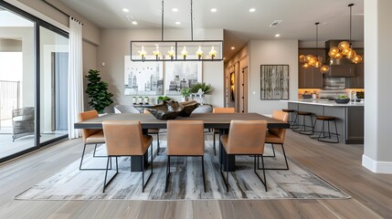 Fototapeta premium Sophisticated Modern Dining Area with Sleek Furnishings and Captivating Decor Accents