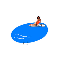 Young beautiful woman enjoying near the swimming pool, sunbathing. White background. Minimalism. Contemporary art collage. Concept of summer, vacation, relaxation, tourism. Creative design