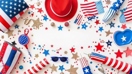 Fototapeta premium Composition featuring the American flag and patriotic elements on a white backdrop