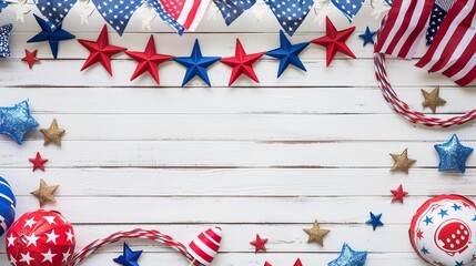 Obraz premium Independence Day decorations with an American flag and blank white space