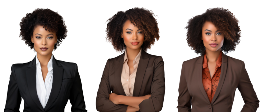 Group of business women, Smiling three African-American businesswomen in suit with trendy look. Isolated on transparent background